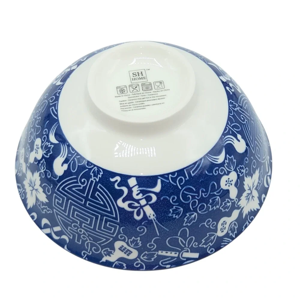 SH Home 42oz Blue Ceramic Ramen Noodle Soup Bowl Chopsticks Spoon Chinese Motifs